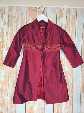 Monkey Wear Y2k Kid's 100% Silk Burgundy Embroidered Tie Front Lined Jacket 6